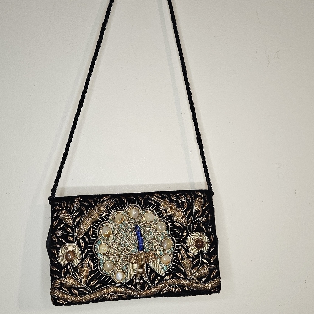 Stunning Vintage Black Peacock Clutch – Gold Bead Embroidery, Evening Bag